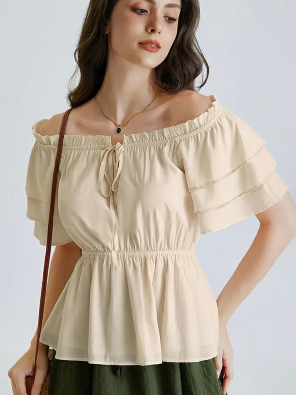 Scarlet Darkness Off-Shoulder Ruffled Peplum Peasant Top in Cream
